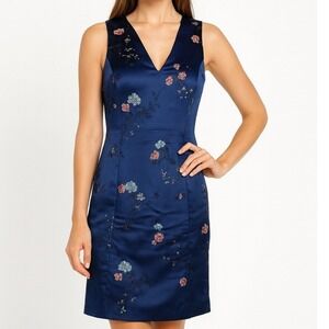Hugo Buscati Womens Blue Floral Satin Sheath Dress Made USA Sleeveless Sz 6 Lq